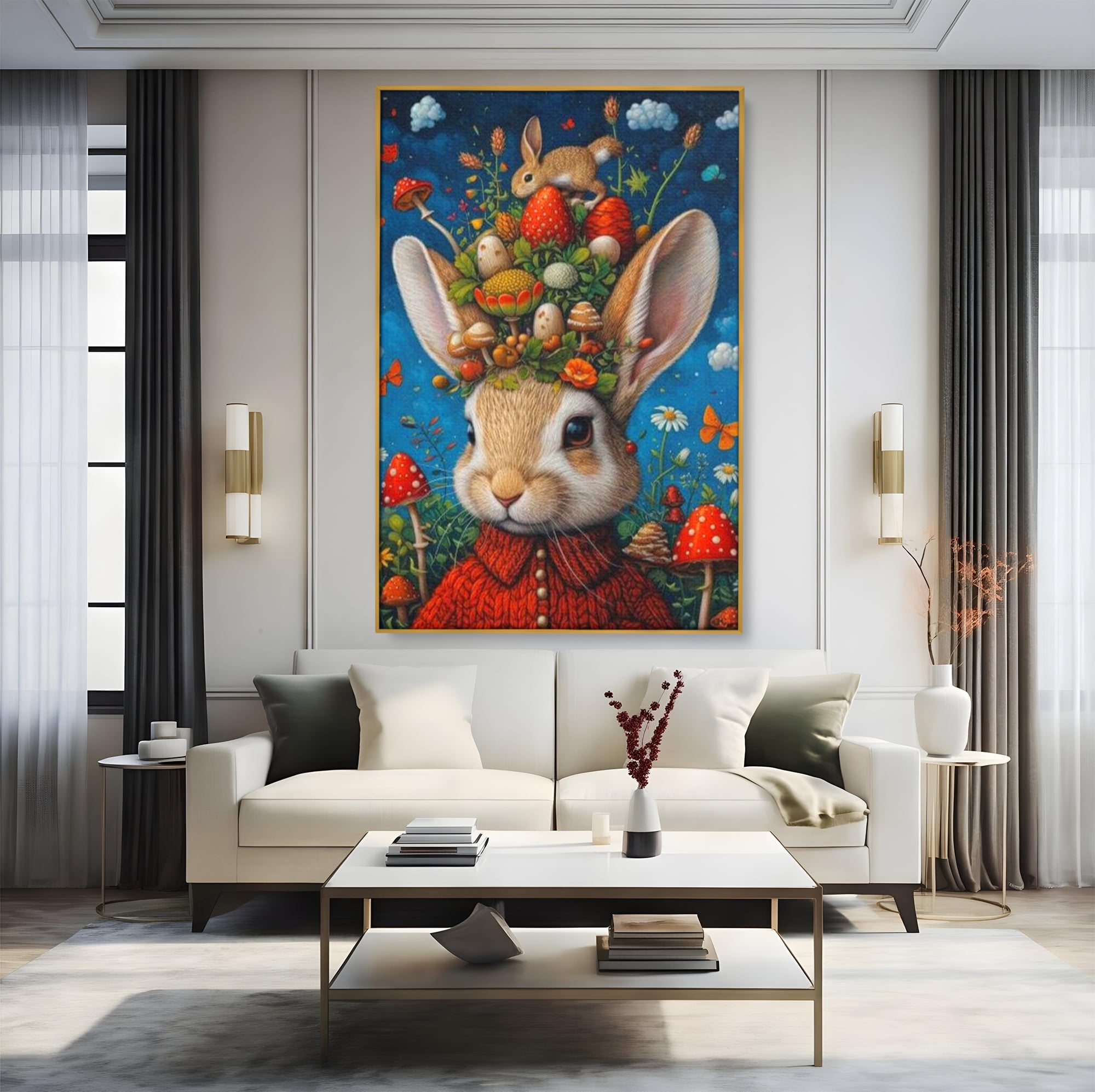 Tablou canvas cu tablou canvas cu iepuras fantastico-forestier, in rama de aluminiu auriu, pe perete intr-un living